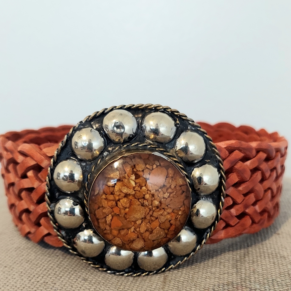 Braided Leather Belt With Stone Buckle